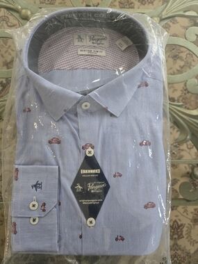 Original Penguin Light Blue Slim Fit Dress Shirt with Red Car Motif